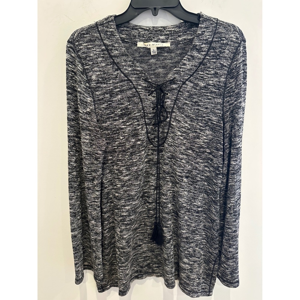 Max Studio Womens Large Space Dye Lace Up Tassel Soft Knit Long Sleeve Top